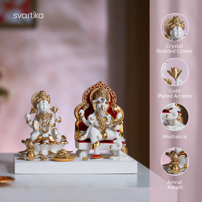 Maa Lakshmi's Charan Paduka - Gold & Silver Plated (3 Inch) with Exquisite White & Gold Lakshmi Ganesh Murti (6 inch) - Combo