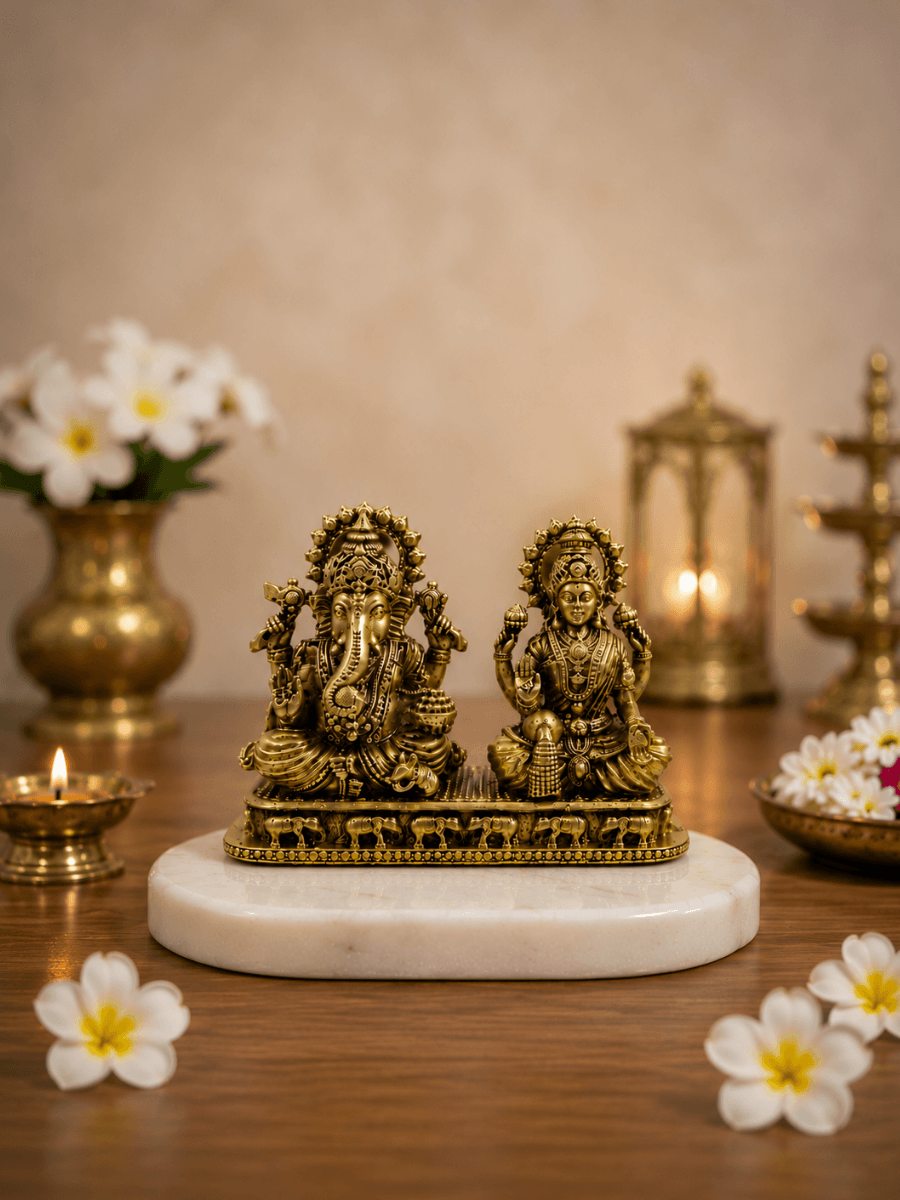 Lakshmi Ganesh Antique Gold Finish Idol for Diwali Pooja and Home Temple