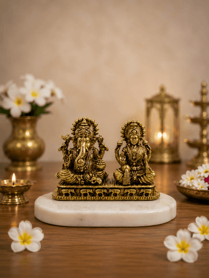 Lakshmi Ganesh Antique Gold Finish Idol for Diwali Pooja and Home Temple