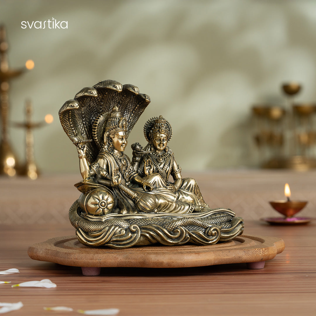 Brass Narayana/Vishnu Lakshmi on Ananta-Sajya (5.5 Inch)