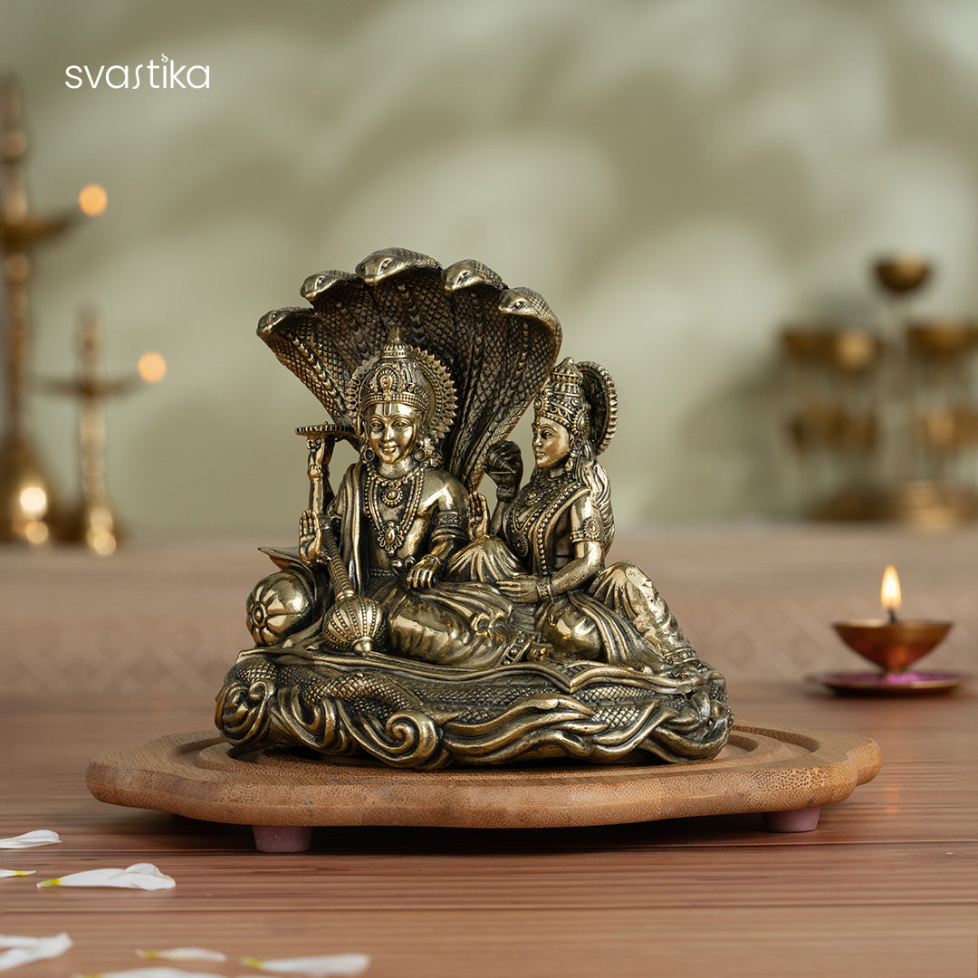 Brass Narayana/Vishnu Lakshmi on Ananta-Sajya (5.5 Inch)