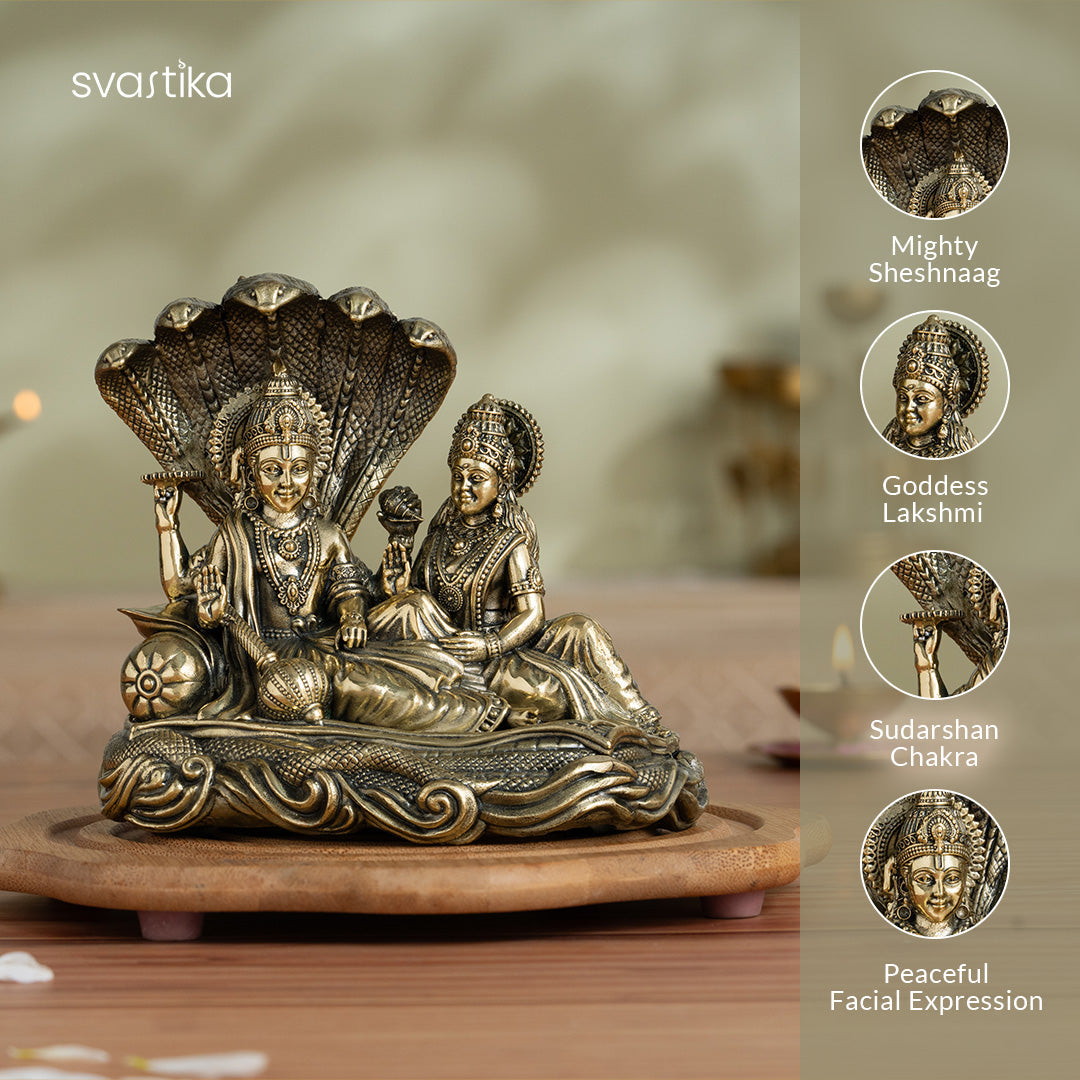 Brass Narayana/Vishnu Lakshmi on Ananta-Sajya (5.5 Inch)