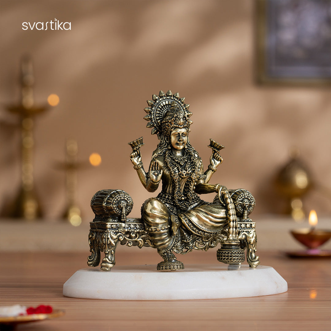 Brass Lakshmi Idol Sitting on Singhasan (4 Inch)