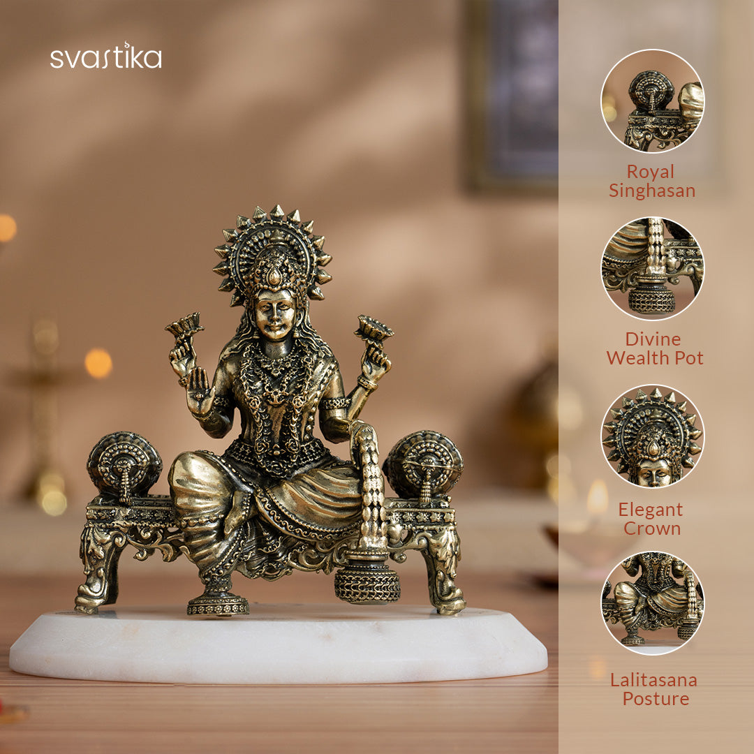 Brass Lakshmi Idol Sitting on Singhasan (4 Inch)