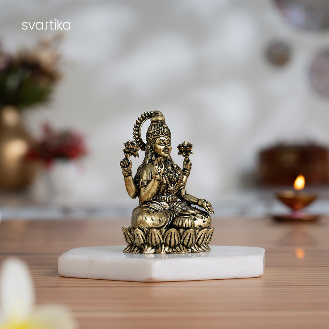 Brass Lakshmi Idol Sitting on Lotus (3 Inch)