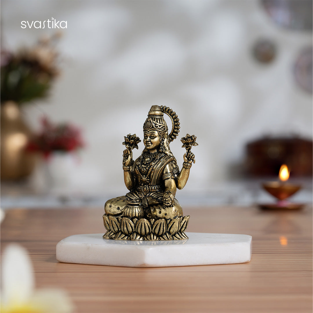 Brass Lakshmi Idol Sitting on Lotus (3 Inch)