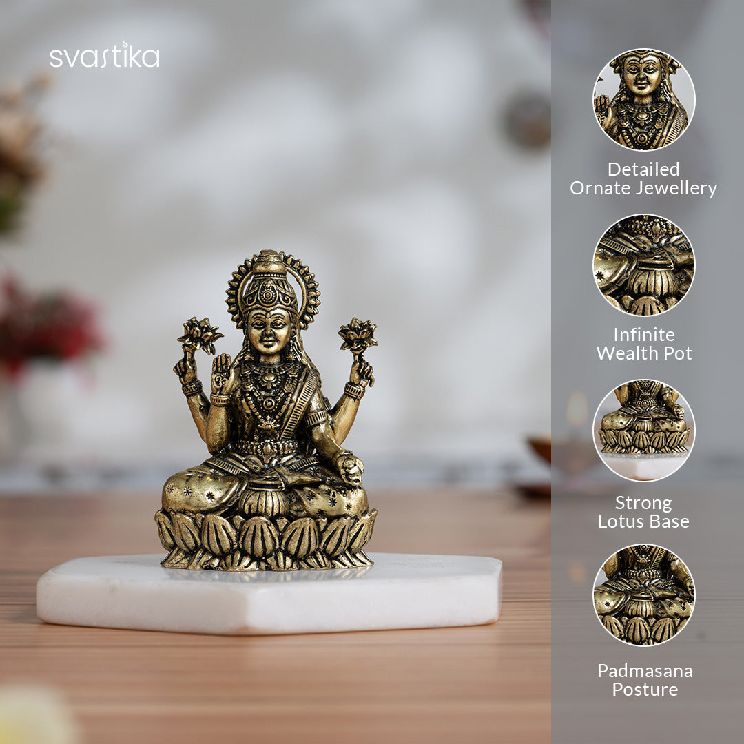 Brass Lakshmi Idol Sitting on Lotus (3 Inch)