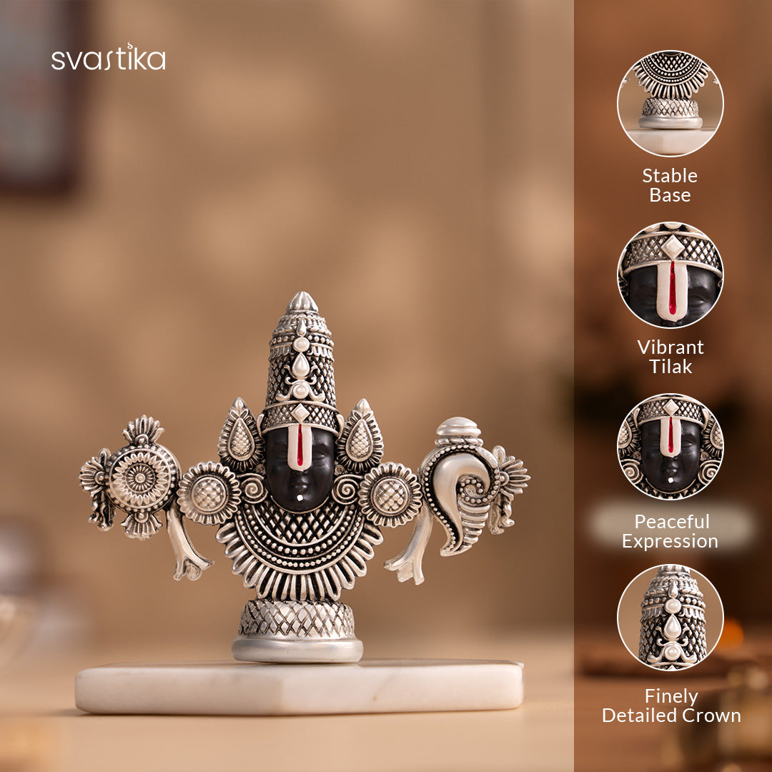 Lord Balaji Face Idol - Silver Plated (4 Inch) with Sinduri Hanuman Murti For Car Dashboard - Gold Plated (3.5 Inch) - Combo