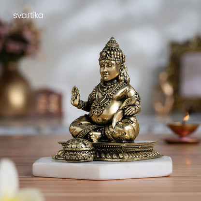 Brass Lord Kubera Statue with Mongoose (4 Inches)