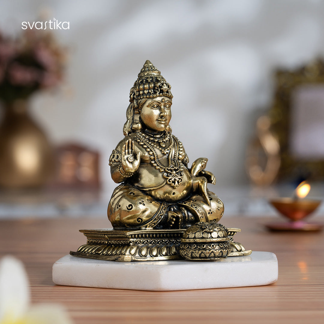 Brass Lord Kubera Statue with Mongoose (4 Inches)