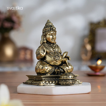 Brass Lord Kubera Statue with Mongoose (4 Inches)