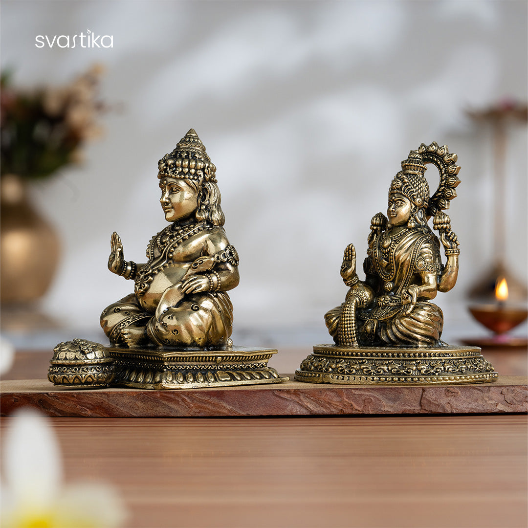 Brass Maa Lakshmi & Kuber Statue Pair (4 Inch)