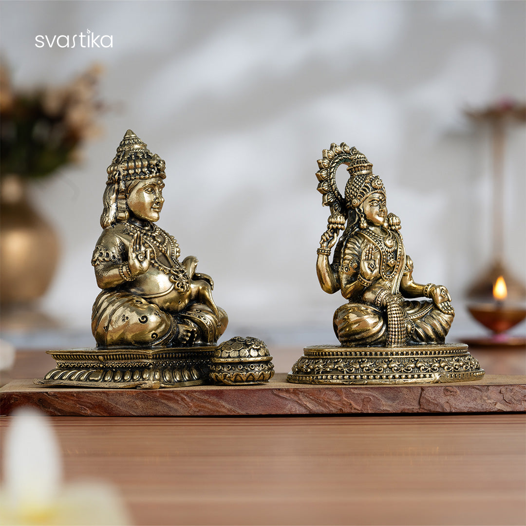 Brass Maa Lakshmi & Kuber Statue Pair (4 Inch)