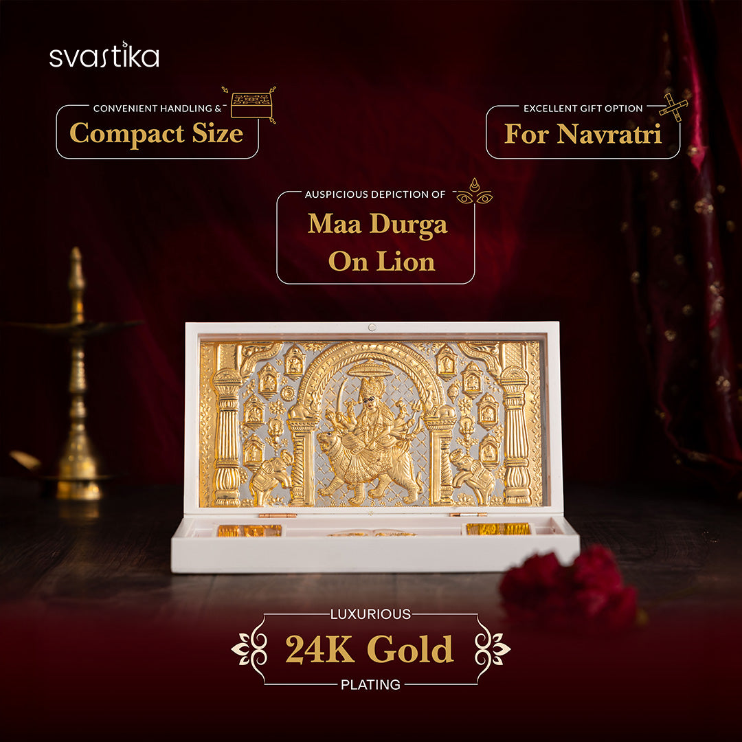 Svastika Nav Durga Pocket Temple - Gold Coated (Small) with Brass Maa Symbol Diya (5 Inch) - Combo