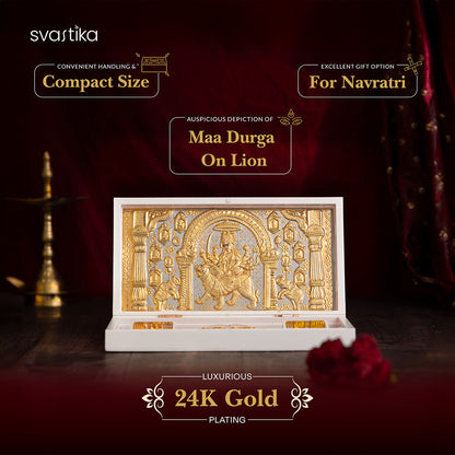 Svastika Nav Durga Pocket Temple - Gold Coated (Small) with Brass Maa Symbol Diya (5 Inch) - Combo