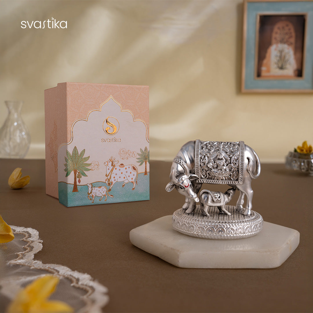 Silver plated  Kamdhenu Cow with Calf Idol