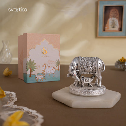 Silver plated  Kamdhenu Cow with Calf Idol