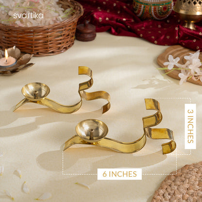 OM ૐ Brass Oil Lamp Diya with Handle - Set of 2 (3 Inch)