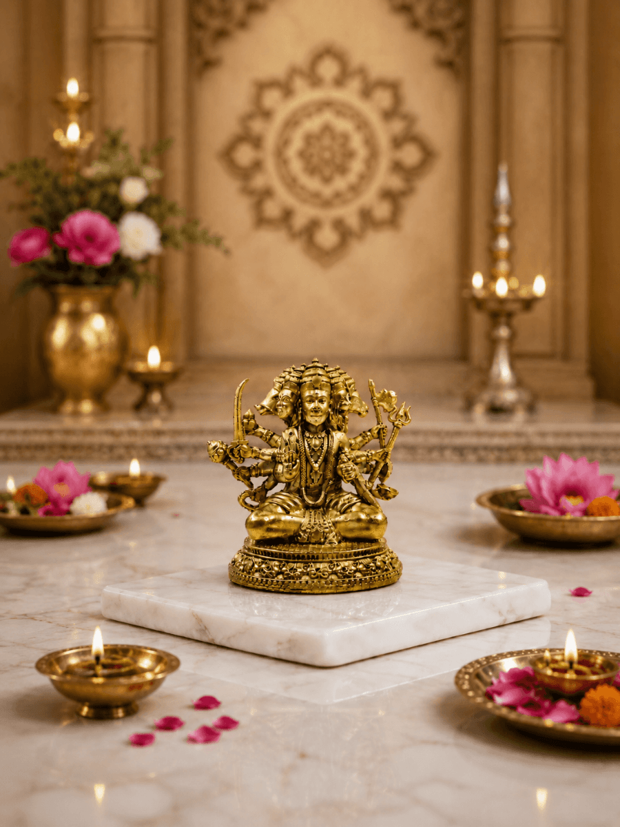 Panchmukhi Hanuman Antique Gold Finish Idol for Home Temple