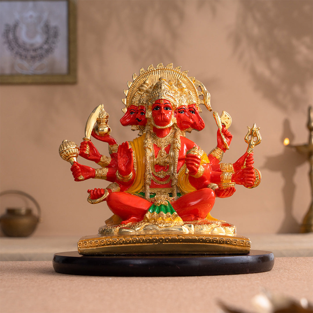 Panchmukhi Hanuman Statue With Orange Enamel - Gold Plated
