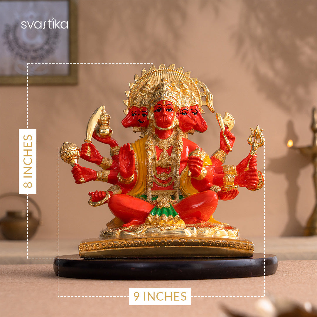 Panchmukhi Hanuman Statue With Orange Enamel - Gold Plated