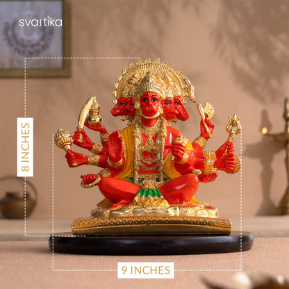 Panchmukhi Hanuman Statue With Orange Enamel - Gold Plated