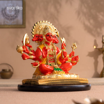 Panchmukhi Hanuman Statue With Orange Enamel - Gold Plated