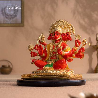 Panchmukhi Hanuman Statue With Orange Enamel - Gold Plated