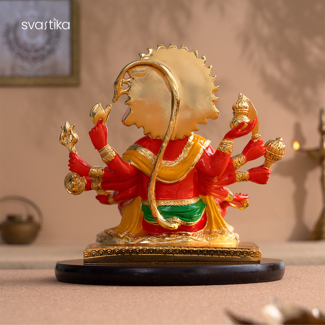Panchmukhi Hanuman Statue With Orange Enamel - Gold Plated