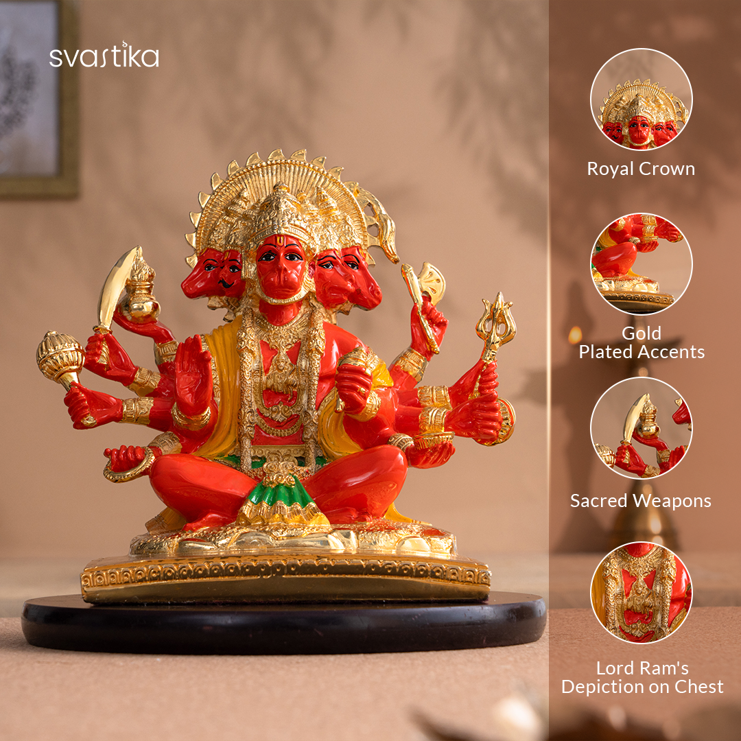 Panchmukhi Hanuman Statue With Orange Enamel - Gold Plated