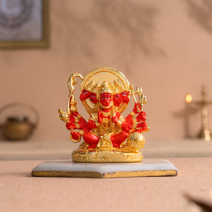 Panchmukhi Hanuman Statue With Orange Enamel - Gold Plated