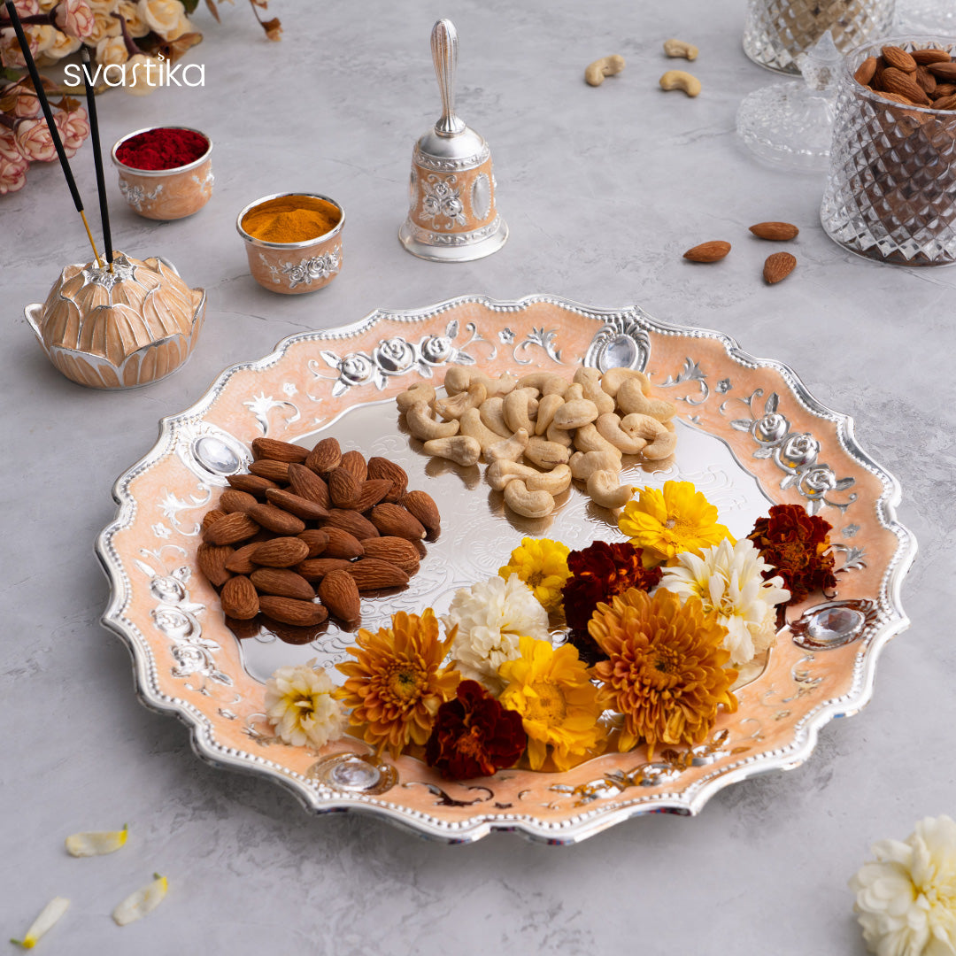 Peach Enamel German Silver Pooja Thali Set (12 Inch)