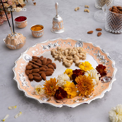 Peach Enamel German Silver Pooja Thali Set (12 Inch)