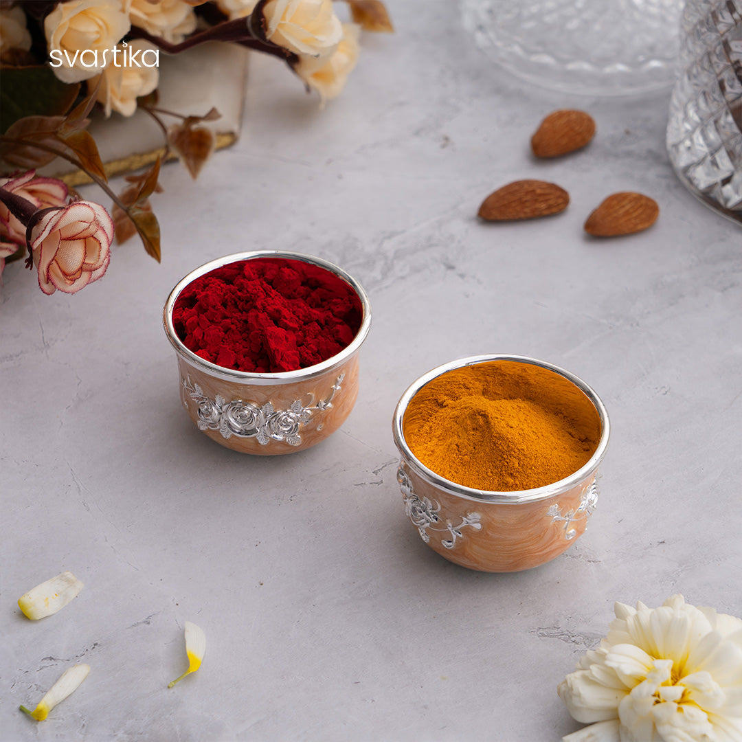 Peach Enamel German Silver Pooja Thali Set (12 Inch)