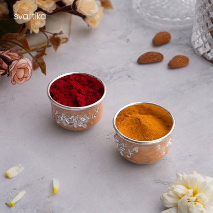 Peach Enamel German Silver Pooja Thali Set (12 Inch)