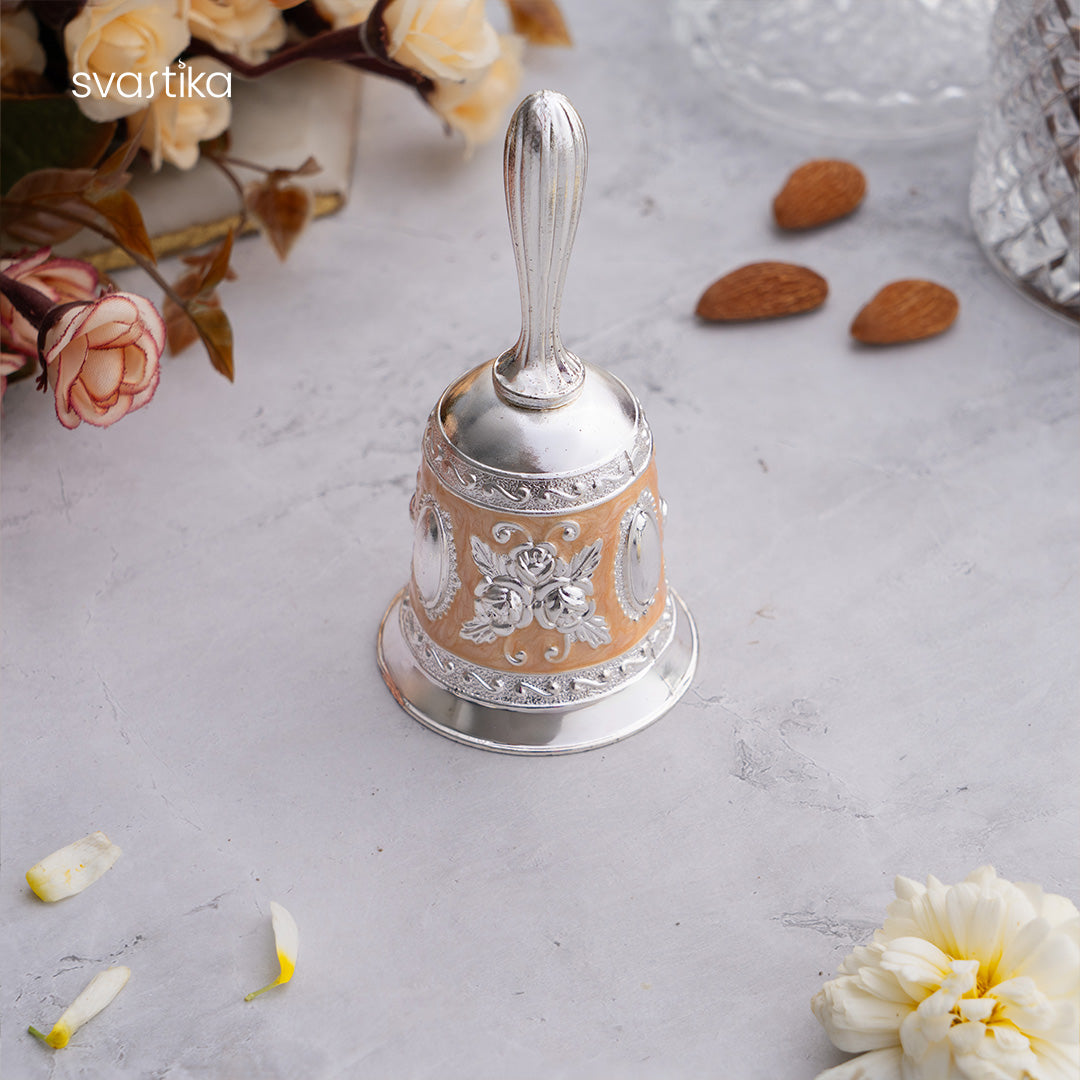 Peach Enamel German Silver Pooja Thali Set (12 Inch)