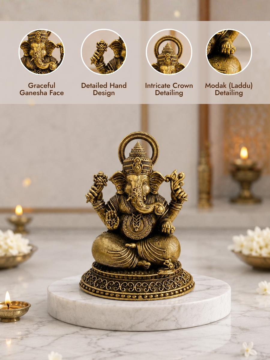 Pure Brass Ganesh Ji Antique Finish Idol for Home Temple & Office Decor