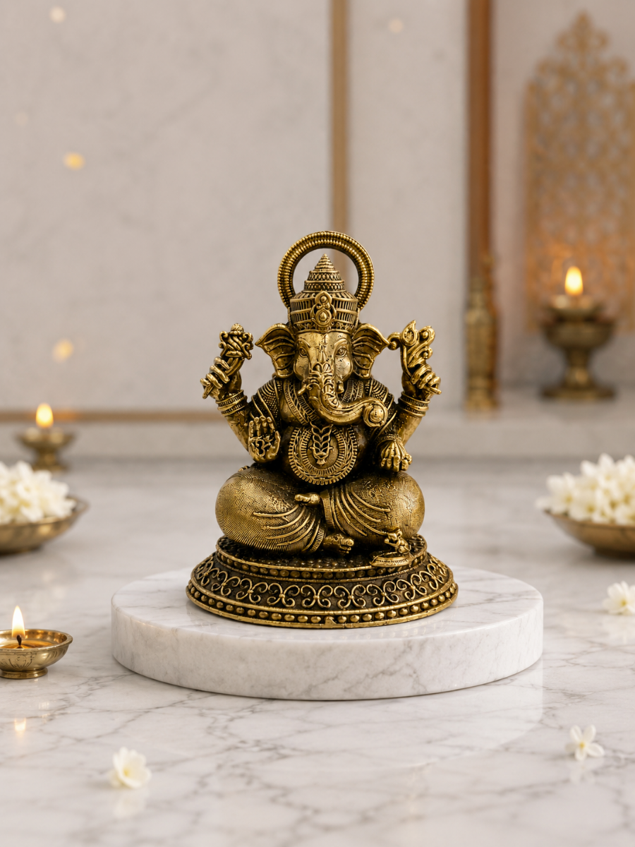 Pure Brass Ganesh Ji Antique Finish Idol for Home Temple & Office Decor
