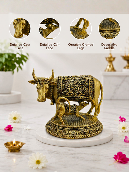 Pure Brass Kamadhenu Cow with Calf Idol for Home Temple, Office & Vastu Decor