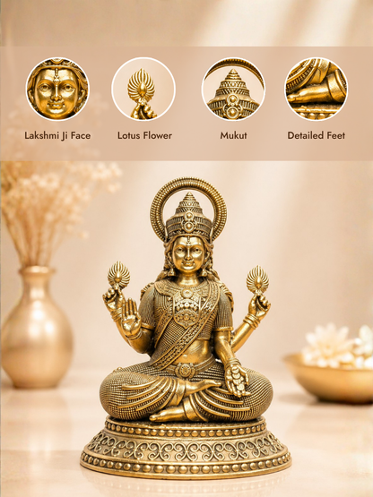 Pure Brass Laxmi Ji Antique Finish Idol for Home Temple & Office Decor
