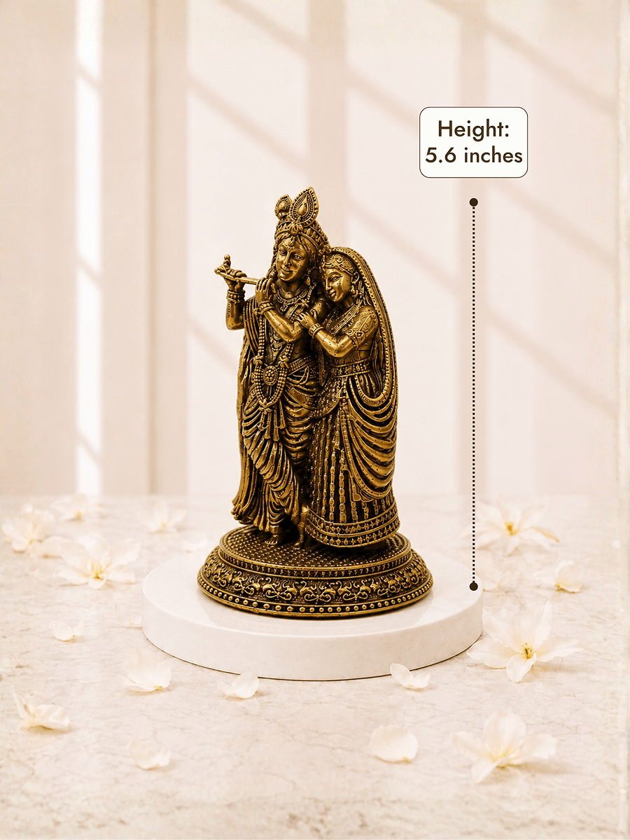 Pure Brass Radha Krishna Antique Gold Finish Idol for Home Temple and Decor