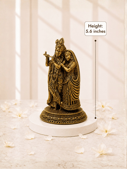 Pure Brass Radha Krishna Antique Gold Finish Idol for Home Temple and Decor