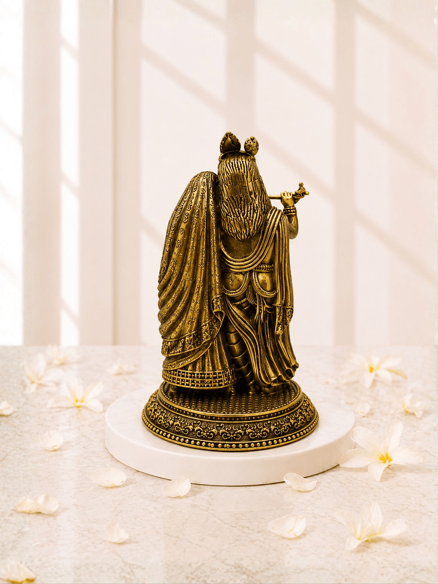 Pure Brass Radha Krishna Antique Gold Finish Idol for Home Temple and Decor