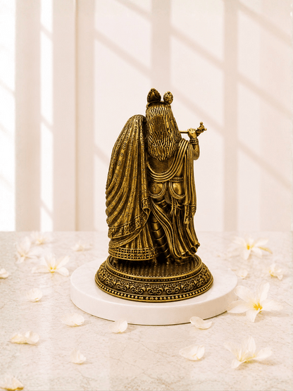 Pure Brass Radha Krishna Antique Gold Finish Idol for Home Temple and Decor