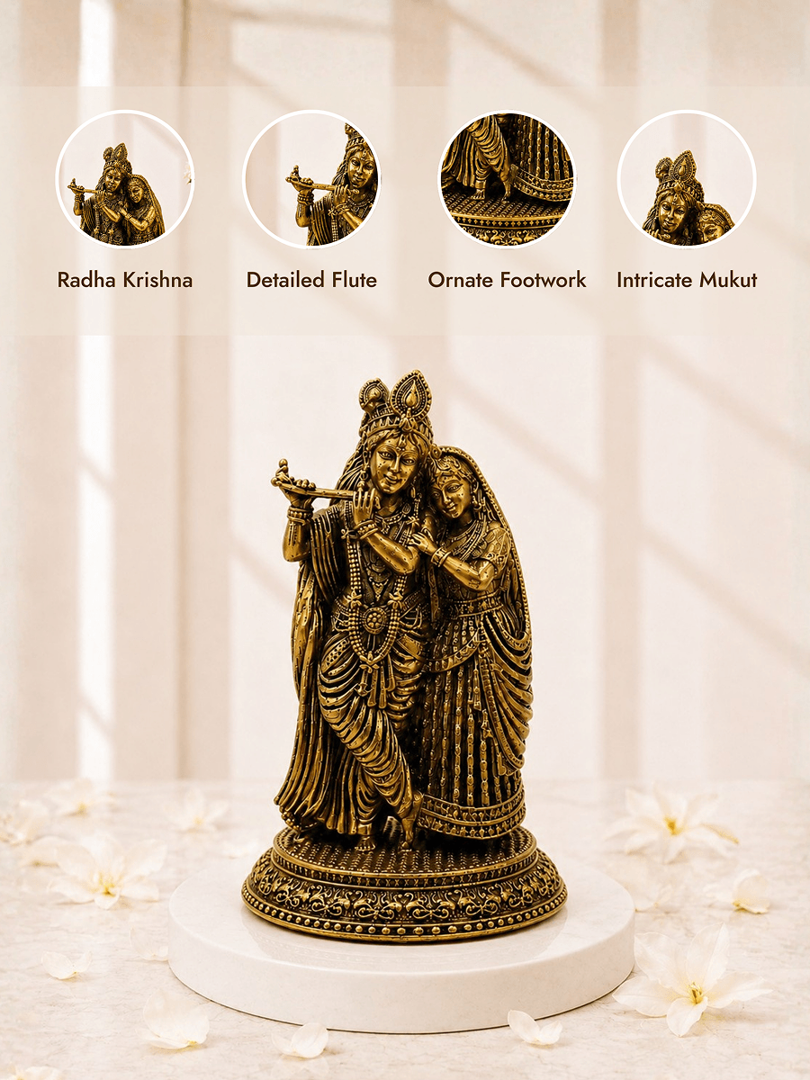 Pure Brass Radha Krishna Antique Gold Finish Idol for Home Temple and Decor