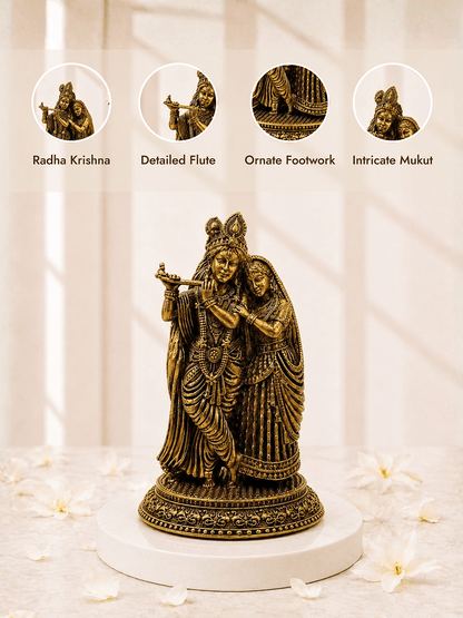 Pure Brass Radha Krishna Antique Gold Finish Idol for Home Temple and Decor
