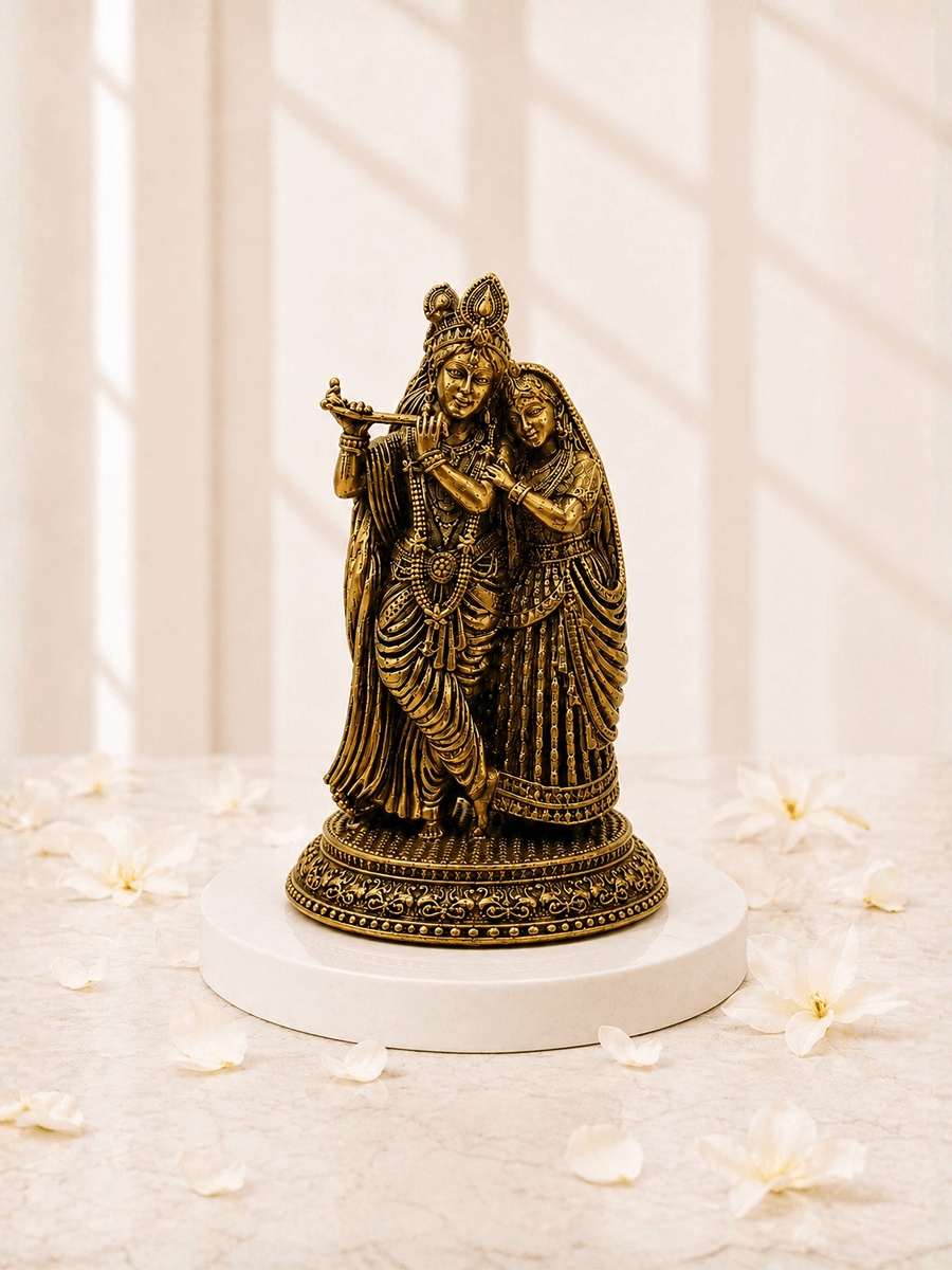 Pure Brass Radha Krishna Antique Gold Finish Idol for Home Temple and Decor