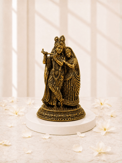 Pure Brass Radha Krishna Antique Gold Finish Idol for Home Temple and Decor