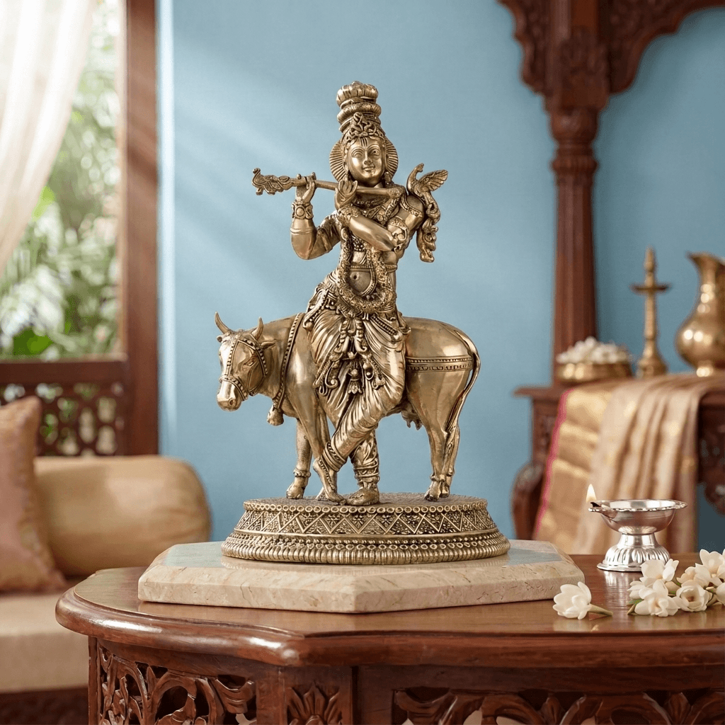 Brass Standing Krishna Statue with Cow (7 Inch)