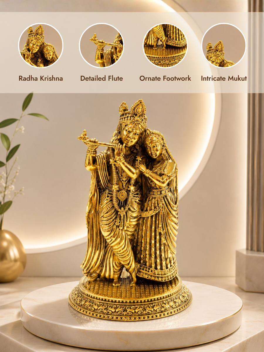 Pure Brass Radha Krishna Idol for Home Temple, Living Room & Office Decor